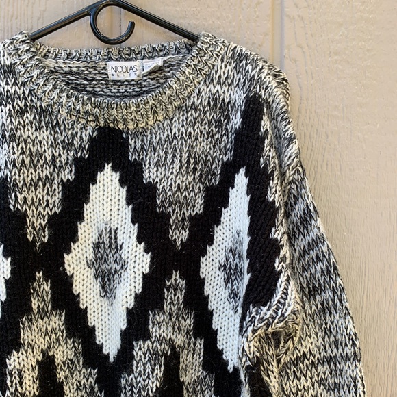 Vintage black white gray chevron chunky knit crewneck oversized grandpa sweater - Picture 3 of 16
